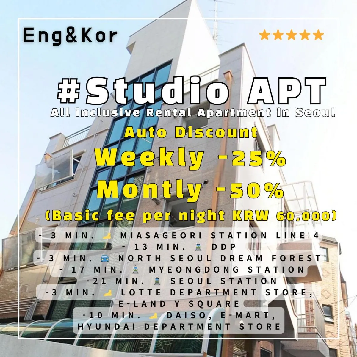 Image 3 of Seoul Fully Furnished Rental Apartment #Studio, Near Miasageori Subway Station Line 4